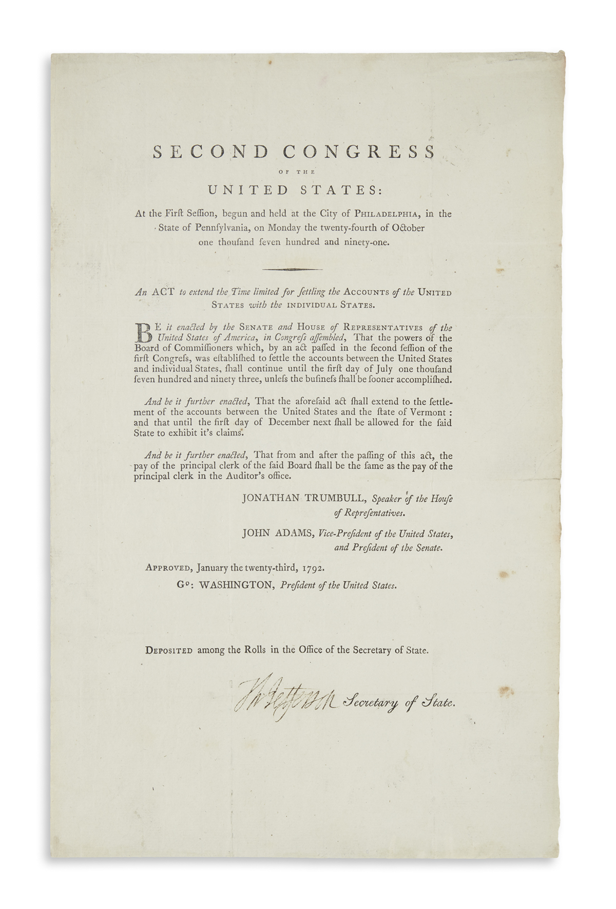 JEFFERSON, THOMAS. Printed Document Signed, Th:Jefferson, as Secretary of State, an act of the Second Congress: